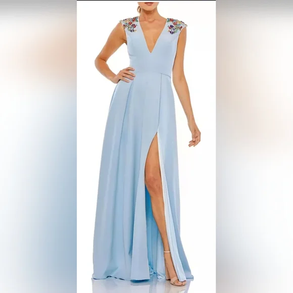 Mac Duggal 26540 Womens Blue Ieena Beaded Cap Sleeve V Neck Beaded Gown Dress - Picture 1 of 6